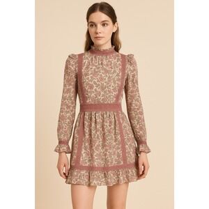 Pink Floral Mini Dress Sz 4 Long Sleeeve Cottagecore Coquette‎ Romantic Peasent